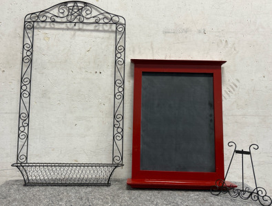 Wire Frame W/ Basket, Framed Chalkboard, Small Metal Tabletop Easel