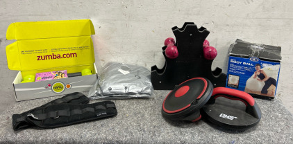 Exercise Equipment Including Rotating Push-up Grips, Zumba Program W/DVD, Sauna Suit, 3-4 lb Weights & More