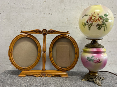Victorian Era Antique Glass Lamp & Picture Frame