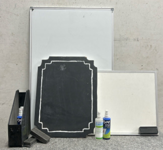 (2) Whiteboards, (1) Chalkboard, (3) Erasers & Whiteboard Cleaner (4)