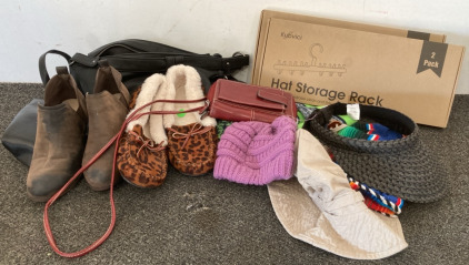 Hat, storage racks, purses, and shoes