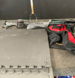 Thatching Rake, Craftsman Sander, Assorted Tool Bags, Air Pump, & Garage Mats