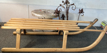 Antique Sled, Rustic Chandelier and Wheel. BBFN