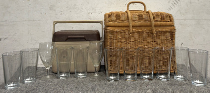 Picnic Basket, Small Cooler, Wine Glasses, And Beer Glasses