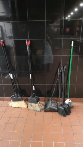 (10) Assorted Cleaning Brooms & (1) Dust Pan w/ Handle