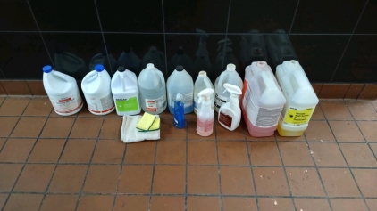 (12) Assorted Cleaning Liquids/ Sanitizers & (2) Sponges & (1) Towel