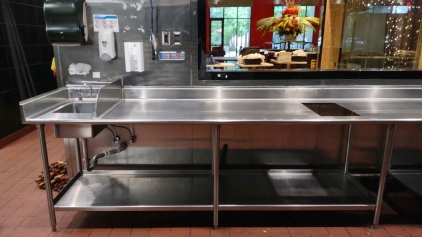 Long Kitchen Workstation w/ Sink and Soap dispenser, Paper towel dispenser, and Sanitizer Holder