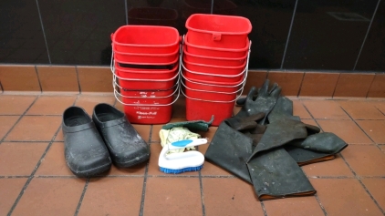 (11) Red Sanitizer/ Disinfectant Buckets, (1) Pair of Black Crocks, (2) pairs of Black Rubber Gloves w/ an extra glove & (1) Hand Scrubber