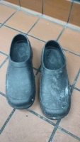(11) Red Sanitizer/ Disinfectant Buckets, (1) Pair of Black Crocks, (2) pairs of Black Rubber Gloves w/ an extra glove & (1) Hand Scrubber - 2