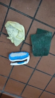(11) Red Sanitizer/ Disinfectant Buckets, (1) Pair of Black Crocks, (2) pairs of Black Rubber Gloves w/ an extra glove & (1) Hand Scrubber - 4