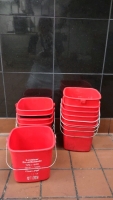 (11) Red Sanitizer/ Disinfectant Buckets, (1) Pair of Black Crocks, (2) pairs of Black Rubber Gloves w/ an extra glove & (1) Hand Scrubber - 5