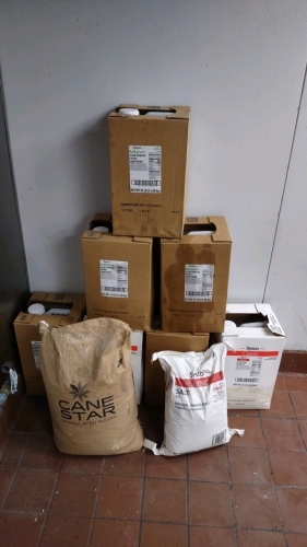 (2) Boxes of Clear Corn Salad Oil, (5) Boxes of Clear Soybean Frying Shortening, (1) Big Bag of Granulated Sugar & (1) Bag of Iodized Salt