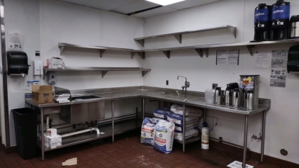 8'&frac12;"x2&frac12;"x3' Metal Workstation w/ (4) Metal Shelves and All Contents On It & 9'x2&frac12;"x3' Metal Workstation w/ Hand Washing Sink & All Contents On It