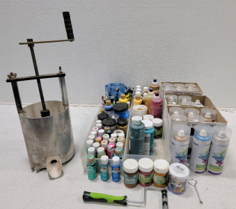 Acrylic Paints & Cans Of Spray Paint Plus A Press