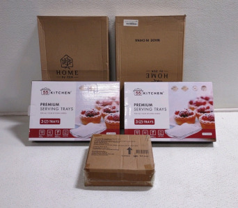 (3) Boxes of Premium Serving Trays, (2) Breakfast Trays & (1) 6-Piece Malachite Trellis Salad Plate Set