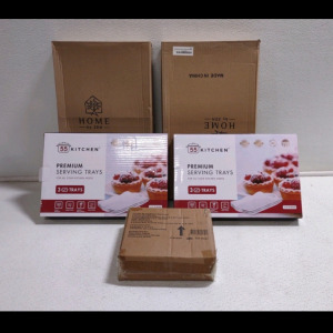 (3) Boxes of Premium Serving Trays, (2) Breakfast Trays & (1) 6-Piece Malachite Trellis Salad Plate Set