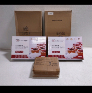 (3) Boxes of Premium Serving Trays, (2) Breakfast Trays & (1) 6-Piece Malachite Trellis Salad Plate Set