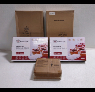 (3) Boxes of Premium Serving Trays, (2) Breakfast Trays & (1) 6-Piece Malachite Trellis Salad Plate Set