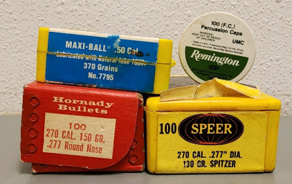 (2) Opened Boxes Of. 270 Reloading Tips, .50 Cal Thomspon Bullets, Percussion Caps