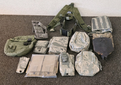 Assorted Camping/Hiking Bags, Velcro & Clip-On Styles For Hiking Packs, Suspenders, Magazine Pouches, Camp Shovel With Carrying Bag
