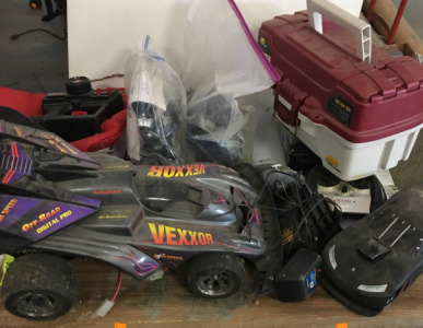 Kenwood Radio, Vexor RC Car, Tackle Box, & RC Helicopter