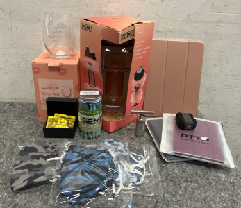 Rose Gold Party Pack: Work Hard, Play Hard W/ Tablet & AirPod Style Cases, Dumbbell Water Bottle, Cheeky Wine Glass, & More