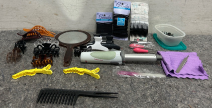Hair Curler, Assorted Hair Clips, Hair Ties, & Mirror