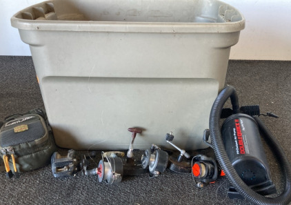 Tub with fishing gear and camping gear