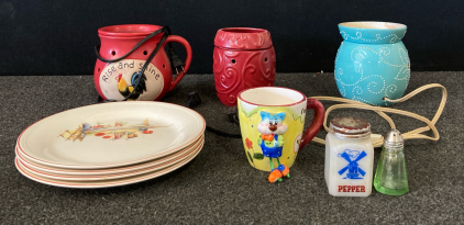 (3) Wax Melters, (4) Plates, (1) Cup, And A Salt And A Peper Shaker