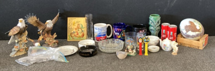 (3) Eagle Statues, Mini Tea Set, (2) Unopened Coca-Cola Cans, (3) Mugs, And More