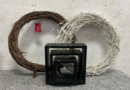 (2) Grapevine Wreaths & (3) Floating Square Shelves