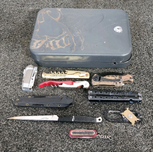 Metal Lockbox (no key), Assorted Knives And Utility Tools