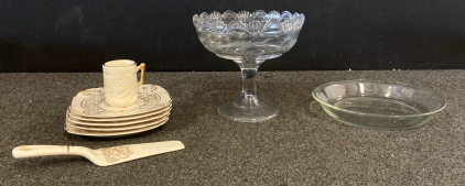 (5) Plates, (1) Tea Cup, Cake Server, Glass Bowl, And Glass Platter