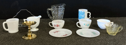 (6) Cups, Pitcher, (2) Candle Holders, (2) Plates, And A Butter Server