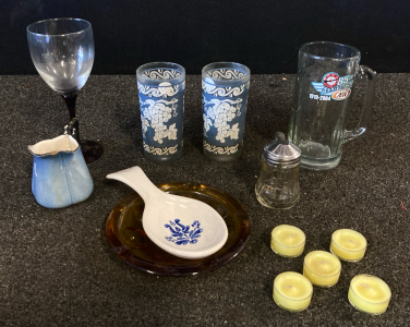 Glass Cups, 5 Candles, And More