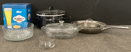 Pan, Crockpot, Glass Dishes, And Pilsner Glass Set