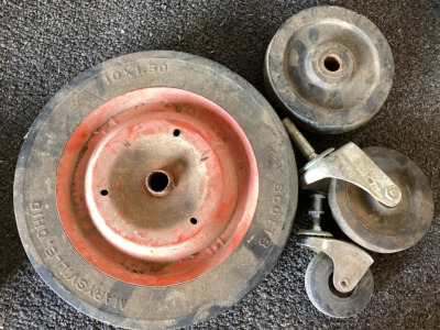Bucket with rubber wheels, Tub full of Strap Cranks, Garden Fencing, & (3) Post Steaks