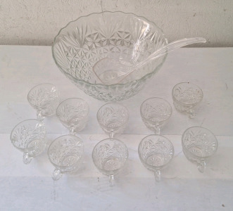 (1) 6-Quart, Cut Glass Punch Bowl & (10) Glasses