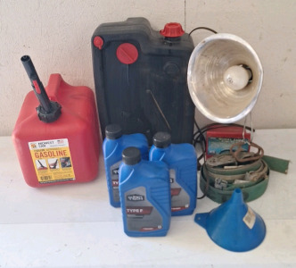 (1) 2-Gallon Gas Can, (1) 10-Quart Drain Pan, (1) Worklight, (3) Quarts Of Type F ATF & More