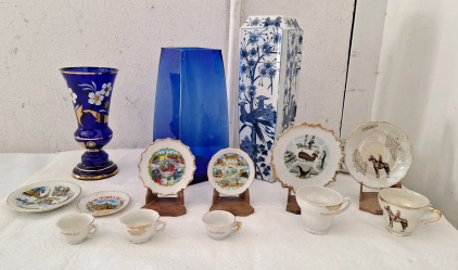 (1) Vintage Egermann Czech Republic / Bohemian Cobalt Glass Goblet 24KGold Paint, (1) Modern Cobalt Glass Vase, (1) Modern Cina Vase & More