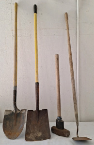 (1) Round Nosed Shovel, (1) Square Nosed Shovel, (1) Garden Hoe & (1) Sledgehammer