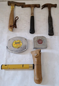 (1) Leitz, Surveyors Sighting Level No. 8043-70 W/Leather Case (2) Hand Reel, Steel Tape Measures, 100' Stanley & 50' Star Chief, (1) Hatchett & (2) Hammers