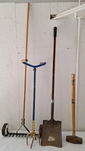 (1) Lawn Dethatcher, (1) Square Nosed Shovel, (1) Garden Claw & (1) Sledgehammer