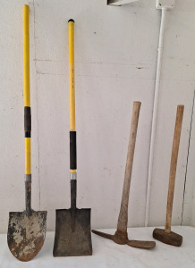 (1) Round Nosed Shovel, (1) Square Nosed Shovel, (1) Pickaxe & (1) Sledgehammer