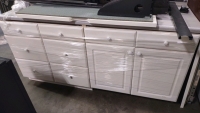 (1) White Cupboard w/Drawers, (2) Filing cabinet Desks & Sectional pieces - 9