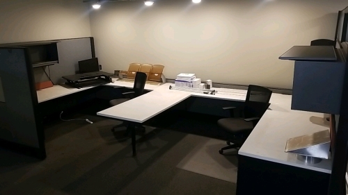 Big Desk Sectional w/ Chairs Monitor, Standing Desk Riser, & Office Supplies