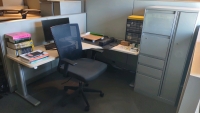 5'10"x4'9"x4'3" to 2'2" Office Desk w/ Black Swiveling Office Chair, Extended Gray Filing Cabinet & Allsop Paper Rack