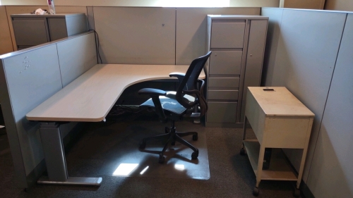 5'10"x4'9"x4'3" to 2'2" Office Desk w/ Black Swiveling Office Chair, Extended Gray Filing Cabinet, & Payables Filing Cabinet