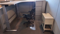 5'10"x4'9"x4'3" to 2'2" Office Desk w/ Black Swiveling Office Chair, Extended Gray Filing Cabinet, & Payables Filing Cabinet - 2