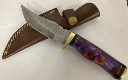 Fixed Blade Damascus Knife W/Resin Handle & Leather Sheath